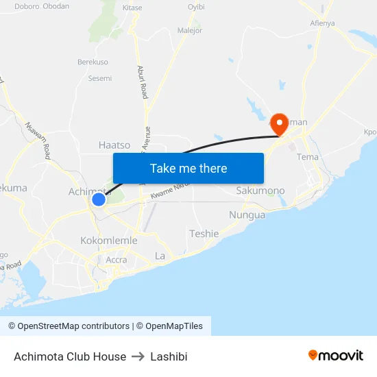 Achimota Club House to Lashibi map