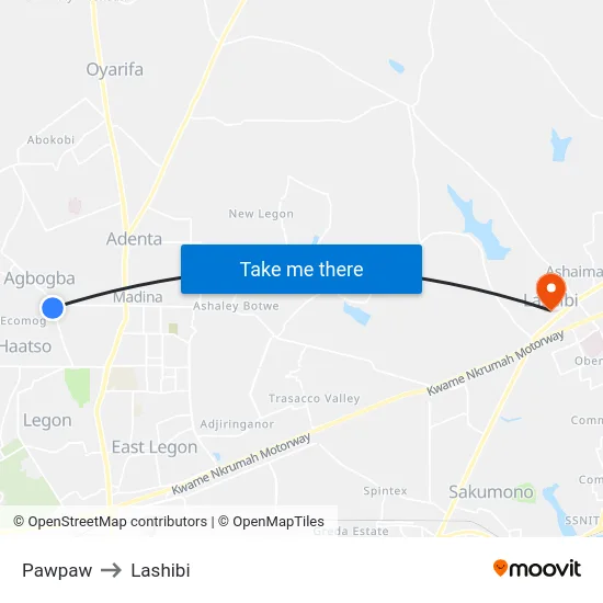 Pawpaw to Lashibi map