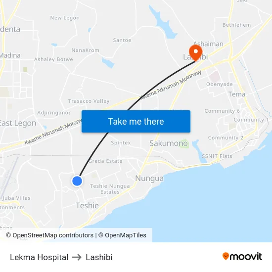 Lekma Hospital to Lashibi map