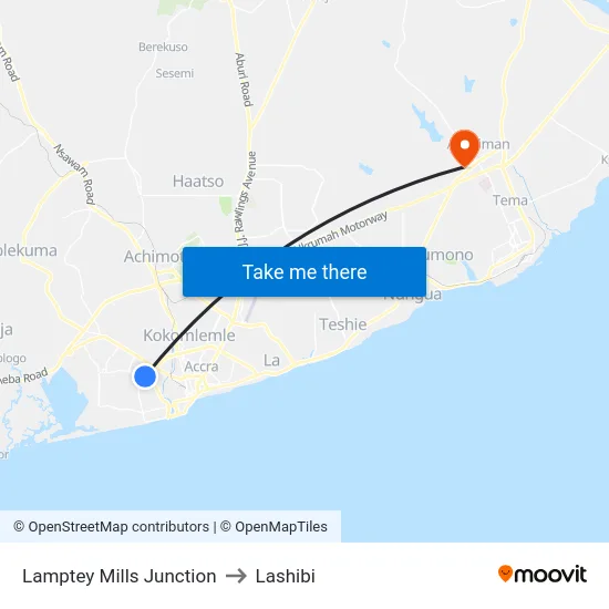 Lamptey Mills Junction to Lashibi map
