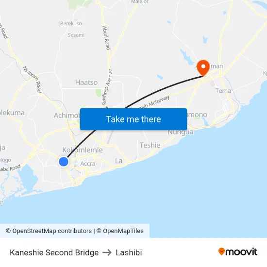 Kaneshie Second Bridge to Lashibi map
