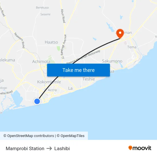 Mamprobi Station to Lashibi map
