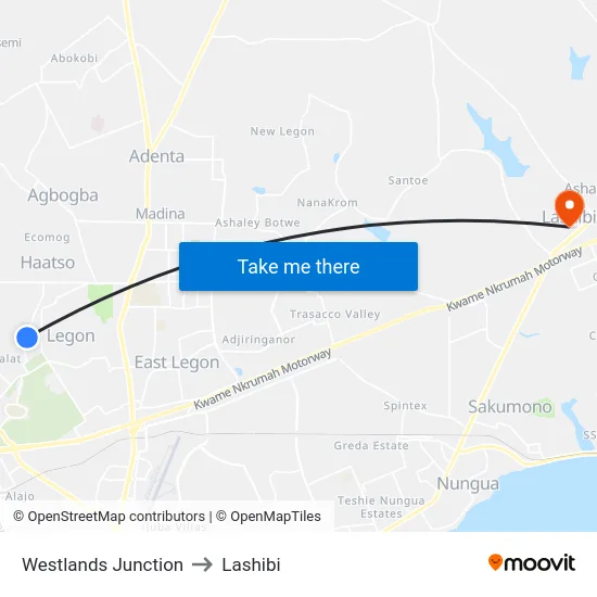 Westlands Junction to Lashibi map