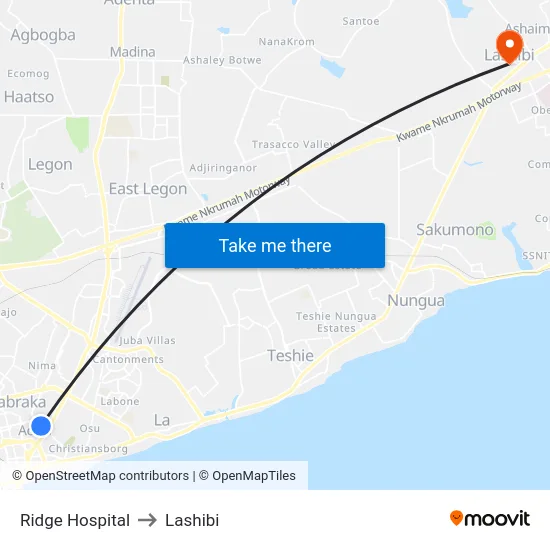 Ridge Hospital to Lashibi map