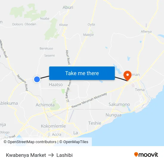 Kwabenya Market to Lashibi map
