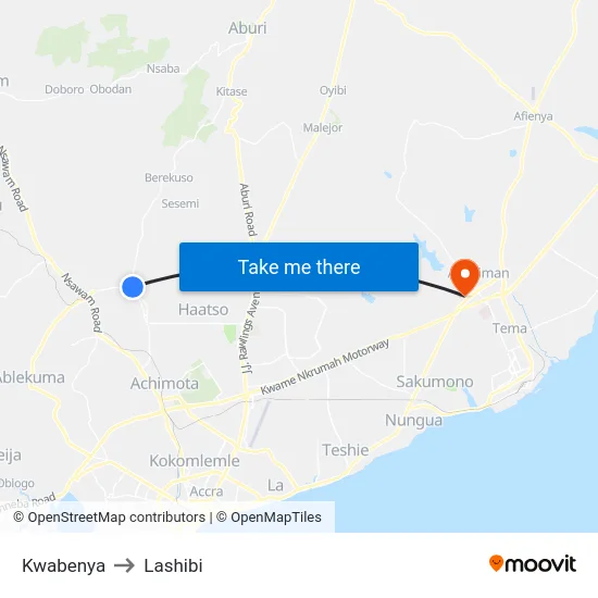 Kwabenya to Lashibi map