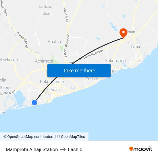 Mamprobi Alhaji Station to Lashibi map