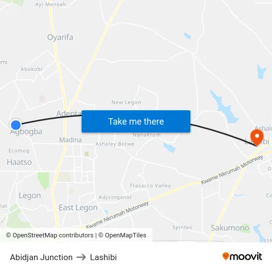 Abidjan Junction to Lashibi map