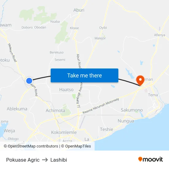 Pokuase Agric to Lashibi map