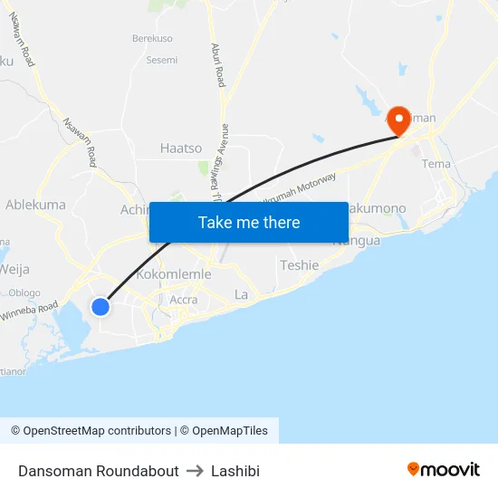 Dansoman Roundabout to Lashibi map