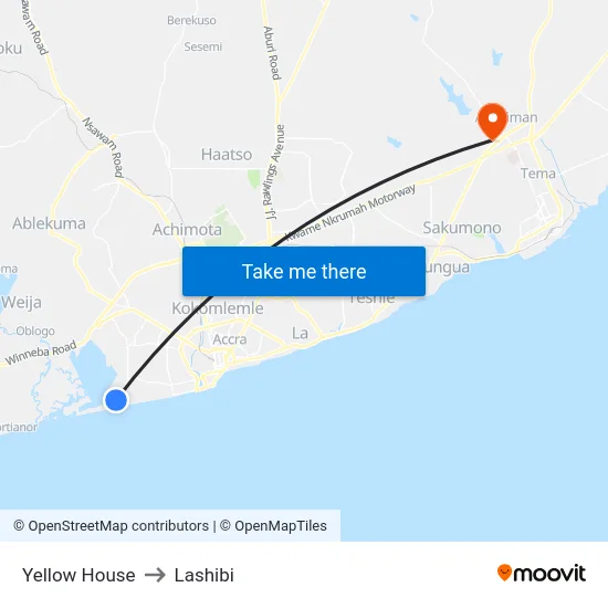 Yellow House to Lashibi map
