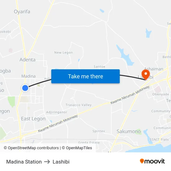 Madina Station to Lashibi map