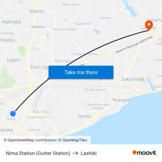 Nima Station (Gutter Station) to Lashibi map