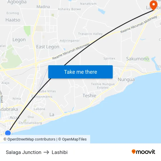 Salaga Junction to Lashibi map