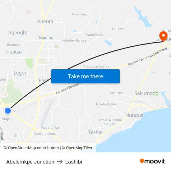 Abelemkpe Junction to Lashibi map