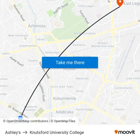 Ashley's to Knutsford University College map