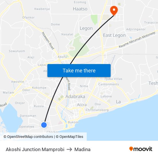 Akoshi Junction Mamprobi to Madina map