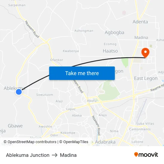 Ablekuma Junction to Madina map
