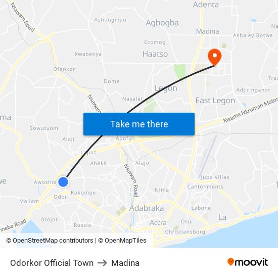Odorkor Official Town to Madina map