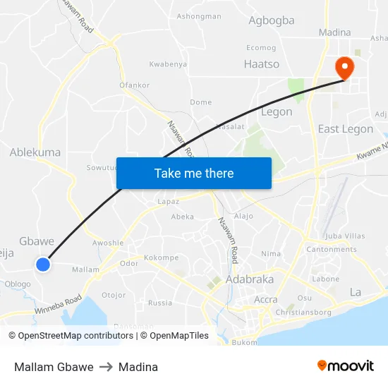 Mallam Gbawe to Madina map