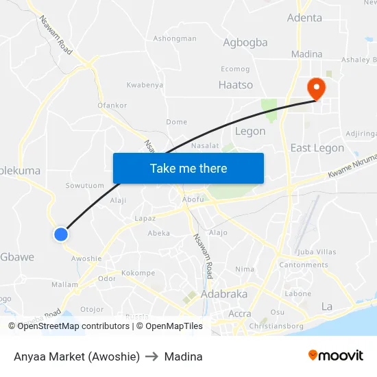 Anyaa Market (Awoshie) to Madina map