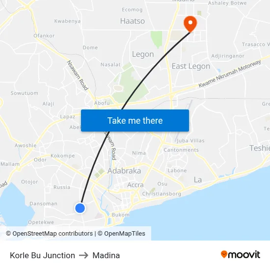 Korle Bu Junction to Madina map