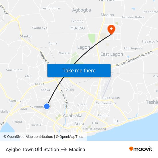 Ayigbe Town Old Station to Madina map