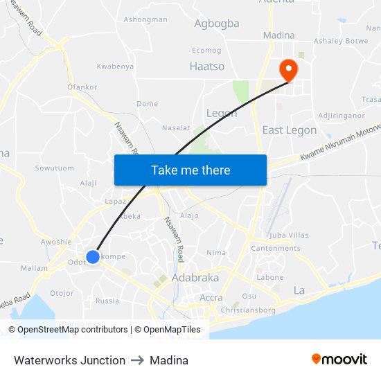 Waterworks Junction to Madina map