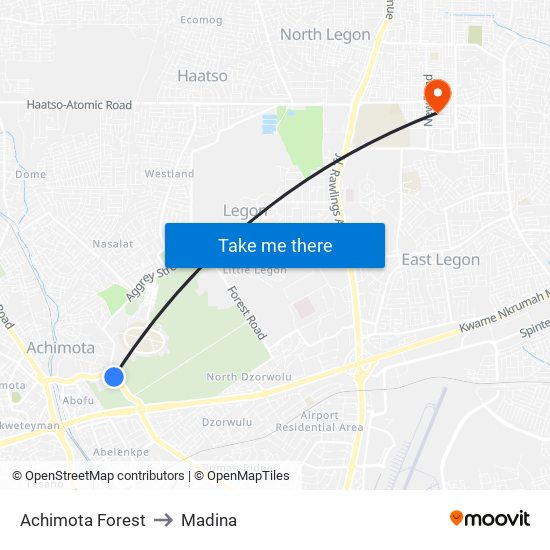 Achimota Forest to Madina map