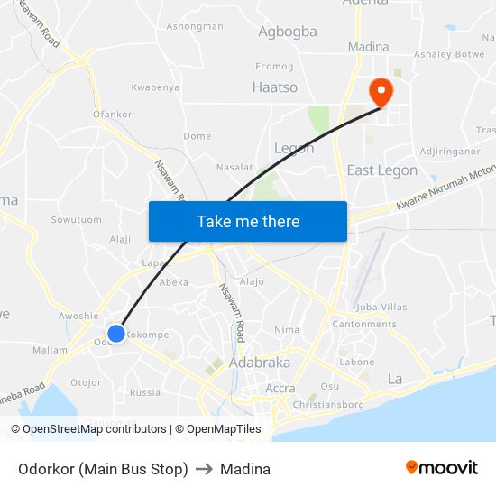 Odorkor (Main Bus Stop) to Madina map