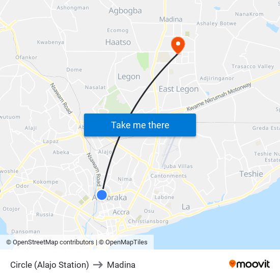 Circle (Alajo Station) to Madina map