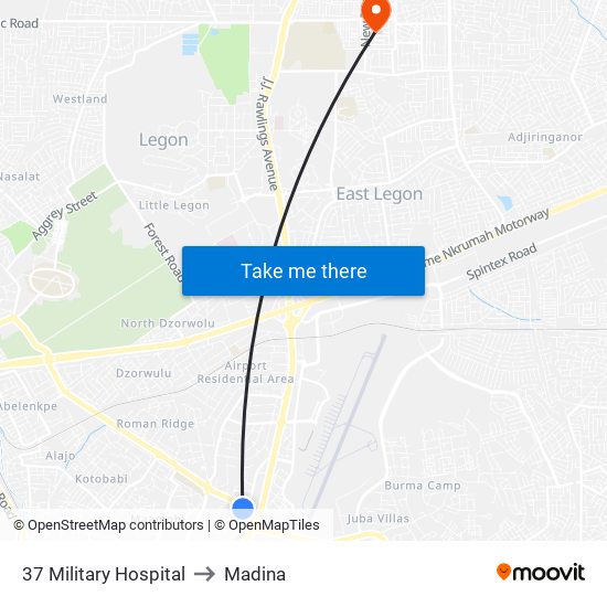 37 Military Hospital to Madina map