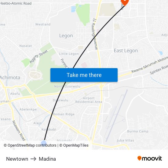 Newtown to Madina map