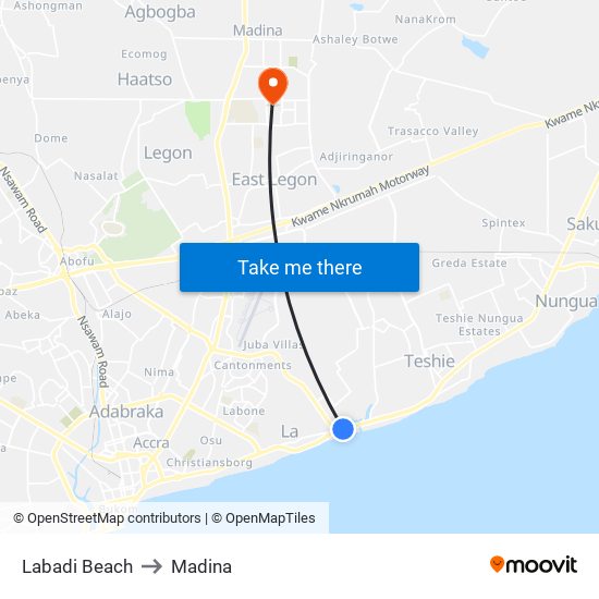 Labadi Beach to Madina map