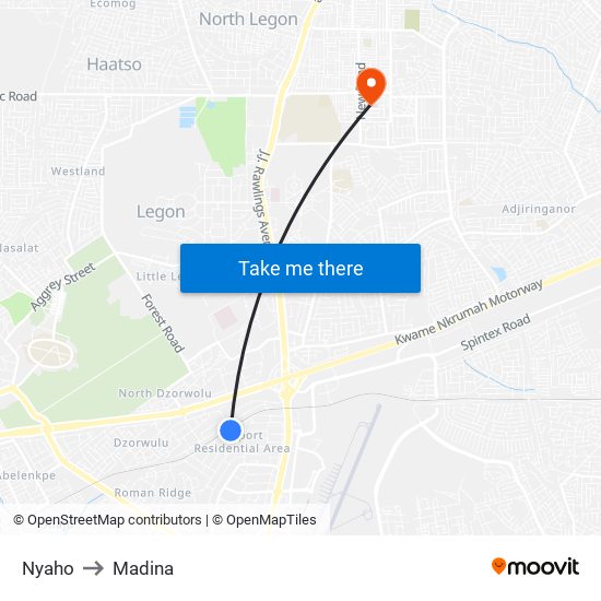 Nyaho to Madina map