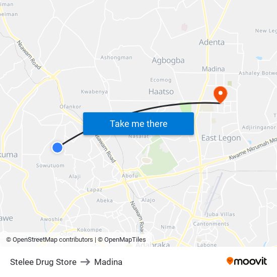 Stelee Drug Store to Madina map