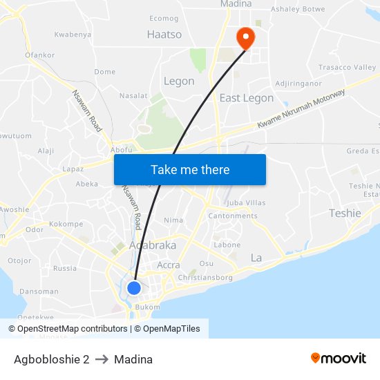 Agbobloshie 2 to Madina map