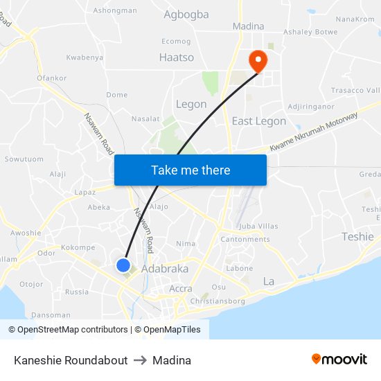 Kaneshie Roundabout to Madina map