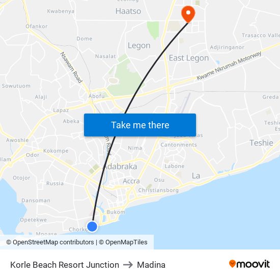 Korle Beach Resort Junction to Madina map