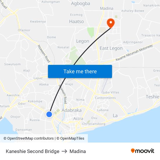 Kaneshie Second Bridge to Madina map
