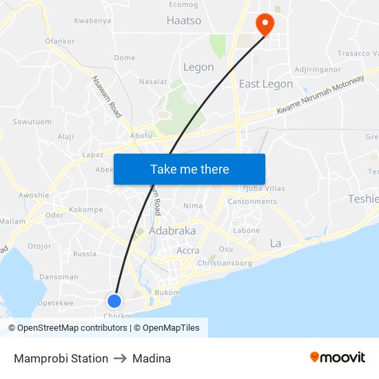 Mamprobi Station to Madina map