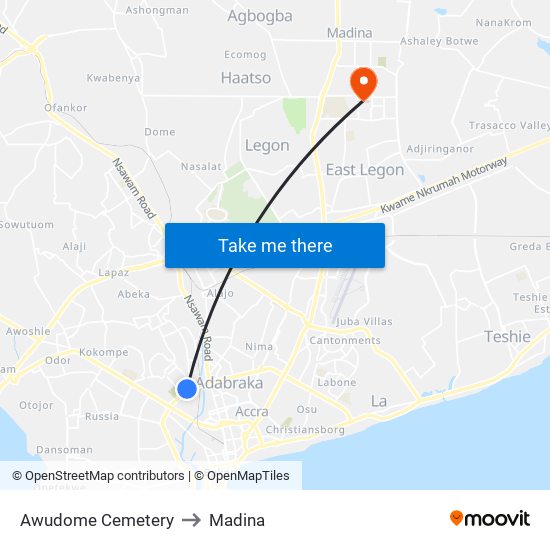 Awudome Cemetery to Madina map