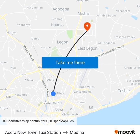 Accra New Town Taxi Station to Madina map
