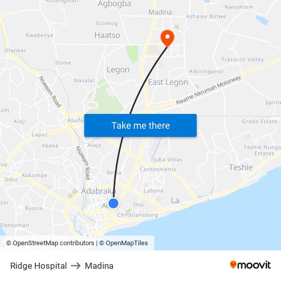 Ridge Hospital to Madina map