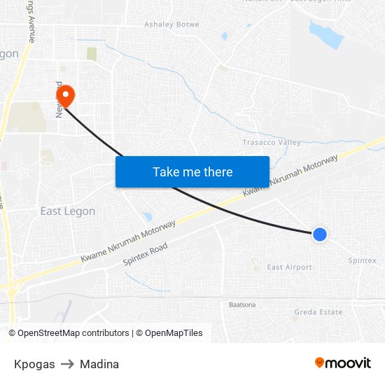 Kpogas to Madina map