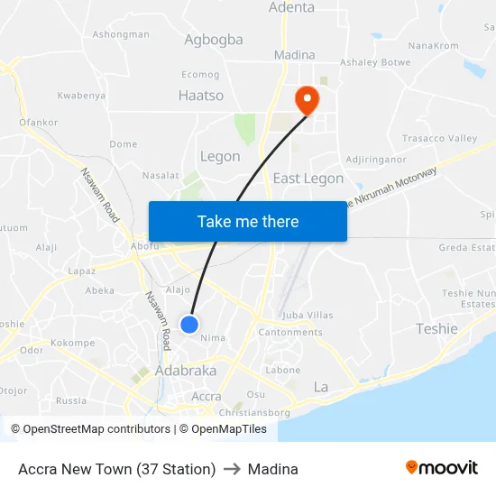 Accra New Town (37 Station) to Madina map