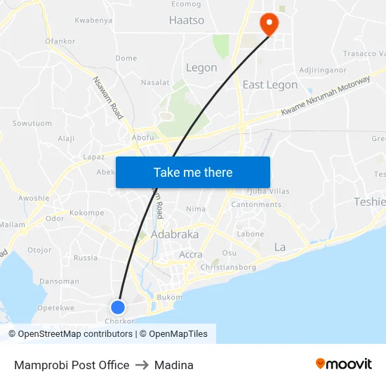 Mamprobi Post Office to Madina map