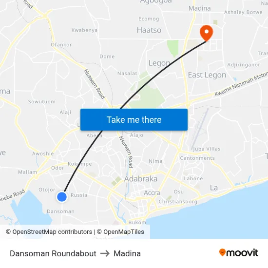 Dansoman Roundabout to Madina map