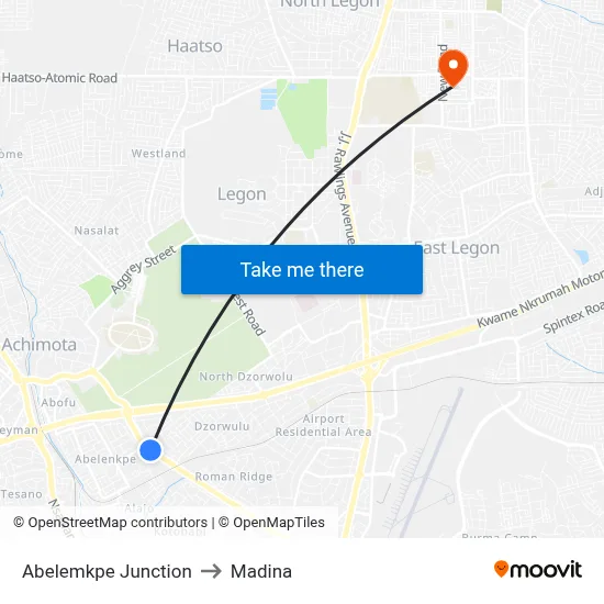 Abelemkpe Junction to Madina map