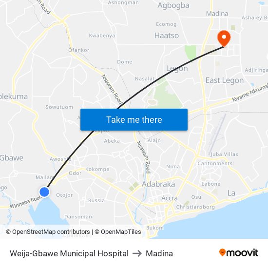 Weija-Gbawe Municipal Hospital to Madina map